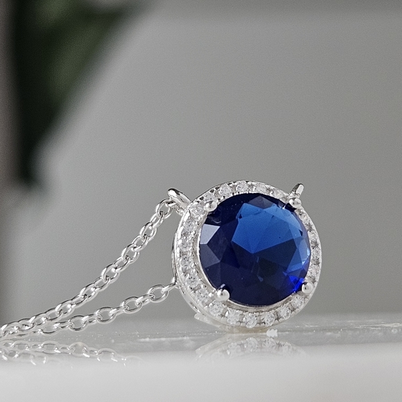 Sapphire Blue Round Halo Gemstone Necklace, 925 Sterling Silver - Picture 6 of 6